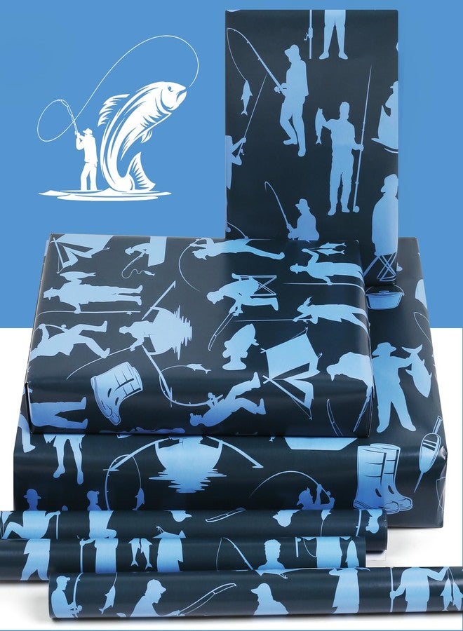 AirCool Fishing Wrapping Paper for Boys Men, Blue Fishing Man with Fish Rod Silhouette Design Wrapping Papers, 6 Sheets Folded Flat 20x28 Inches per Sheet, For Fishing Enthusiast Birthday Christmas Party - Image 3